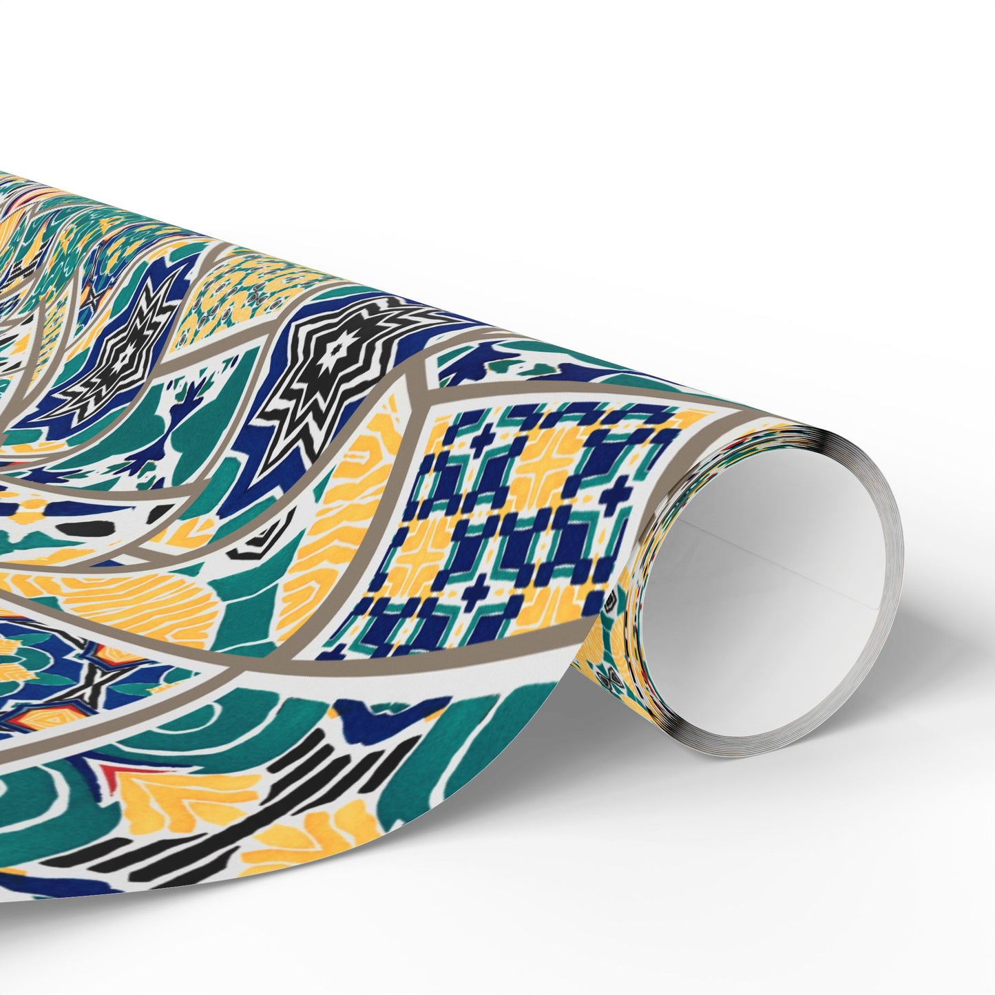 Tile Pattern Wrapping Paper Roll — Blue, Teal & Mustard Geometric Gift Wrap