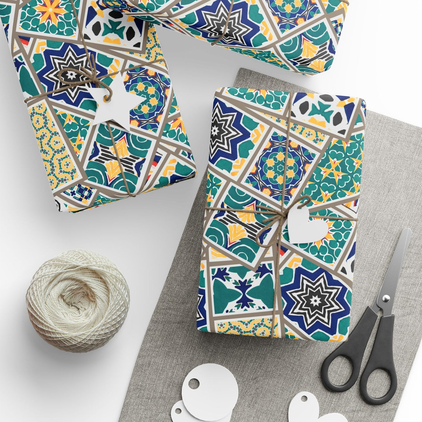 Tile Pattern Wrapping Paper Roll — Blue, Teal & Mustard Geometric Gift Wrap