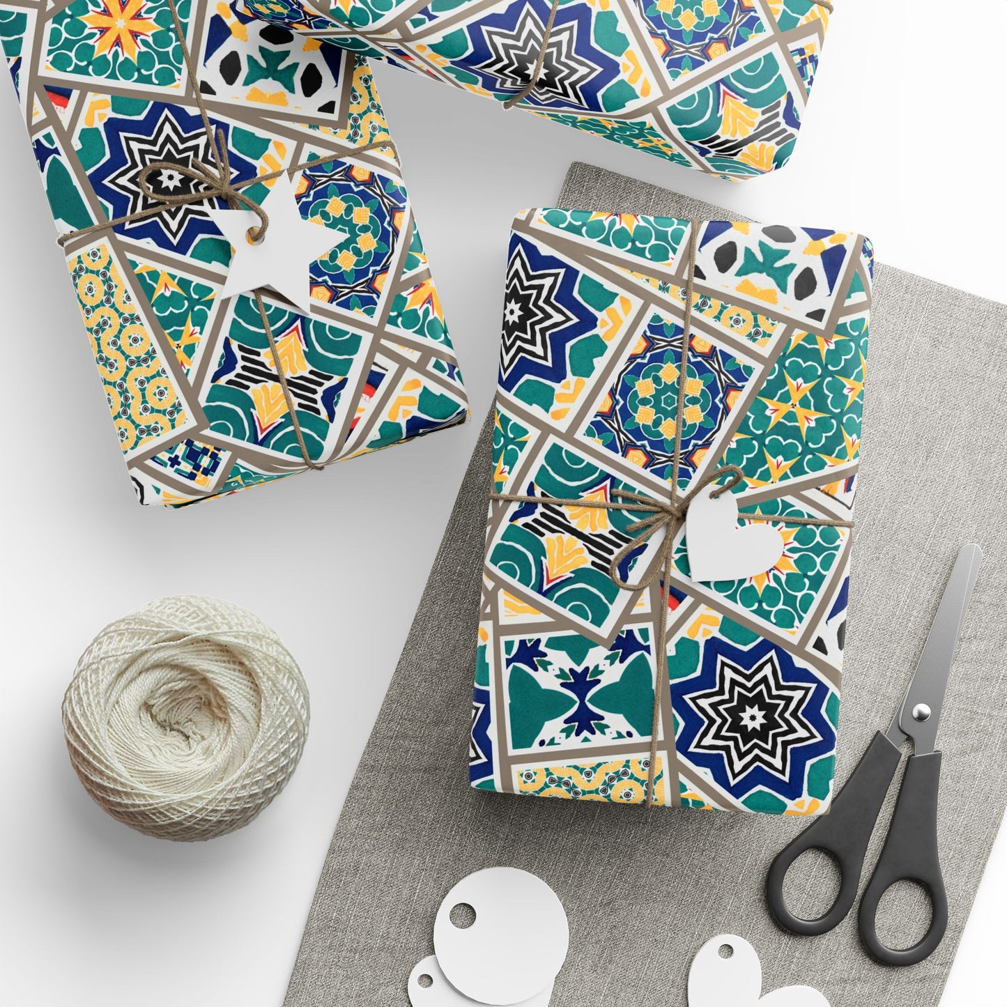 Tile Pattern Wrapping Paper Roll — Blue, Teal & Mustard Geometric Gift Wrap