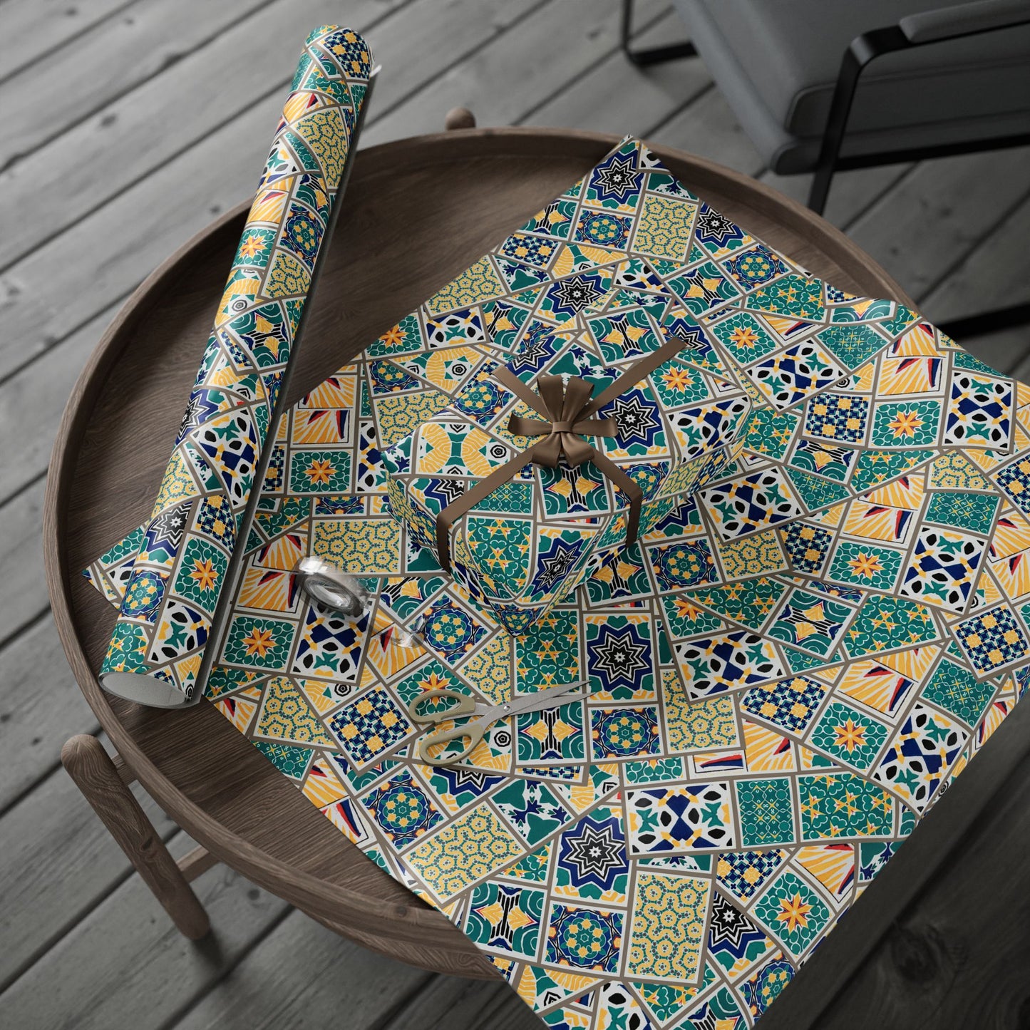 Tile Pattern Wrapping Paper Roll — Blue, Teal & Mustard Geometric Gift Wrap