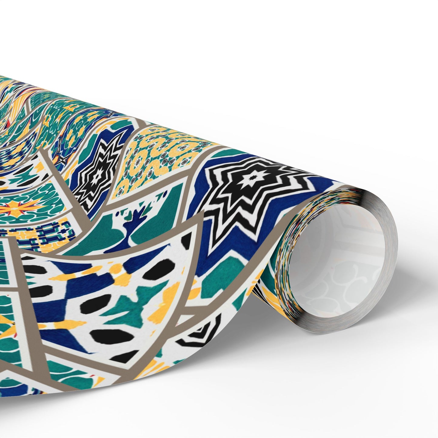 Tile Pattern Wrapping Paper Roll — Blue, Teal & Mustard Geometric Gift Wrap