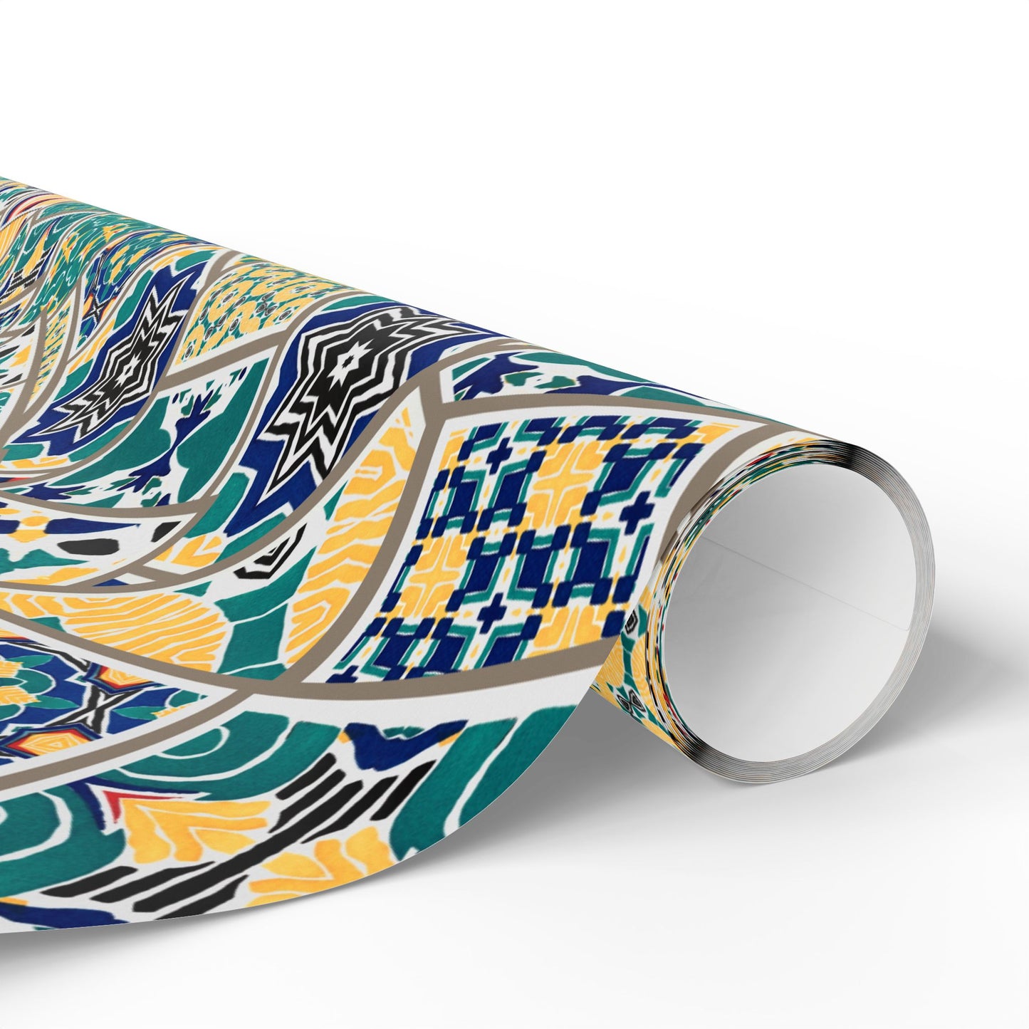 Tile Pattern Wrapping Paper Roll — Blue, Teal & Mustard Geometric Gift Wrap