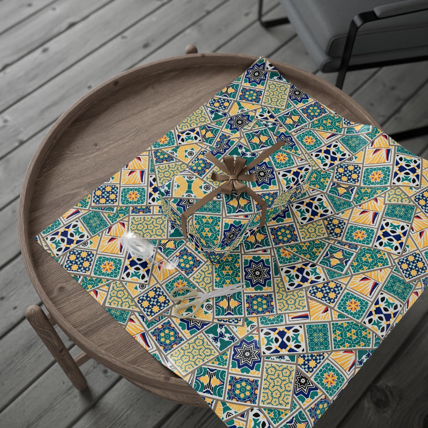 Tile Pattern Wrapping Paper Roll — Blue, Teal & Mustard Geometric Gift Wrap