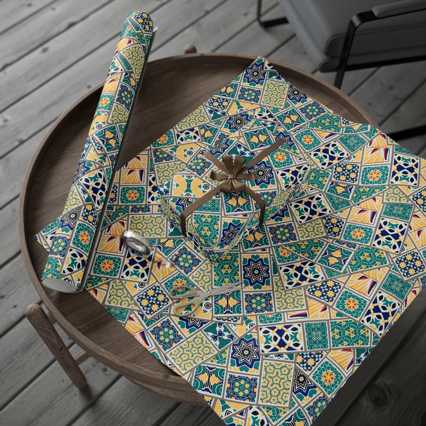 Tile Pattern Wrapping Paper Roll — Blue, Teal & Mustard Geometric Gift Wrap